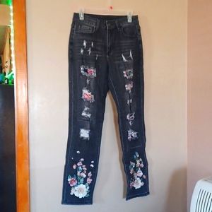 Floral Ripped Patched Jeans